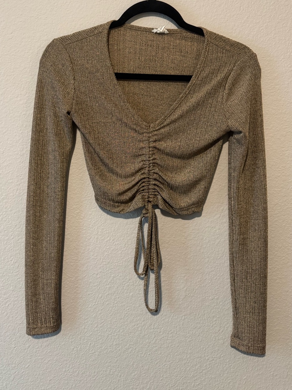 Garage V-Neck Ruched Long Sleeve Crop Top with Drawstring